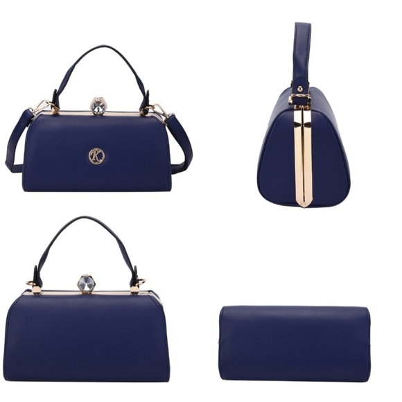 Navy Faux Leather Medium Size Tote Bag with Handle Drop and Shoulder Strap - Picture 3 of 12